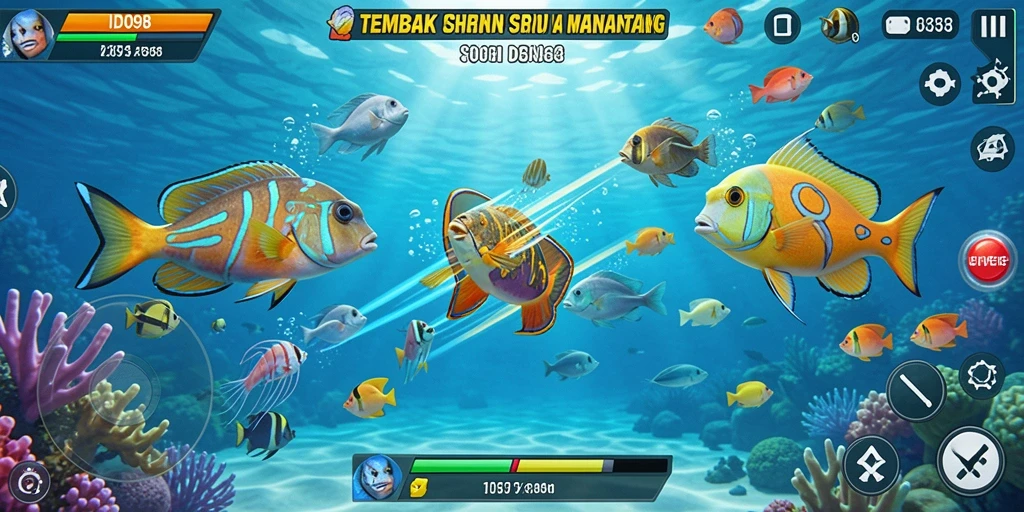 Tangkapan layar ID098 menunjukkan aksi menembak ikan yang intens dan grafis yang luar biasa.