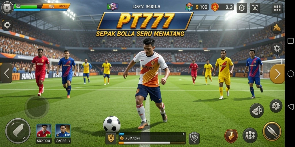 Screenshot PT777 menunjukkan momen intens dalam permainan sepak bola.