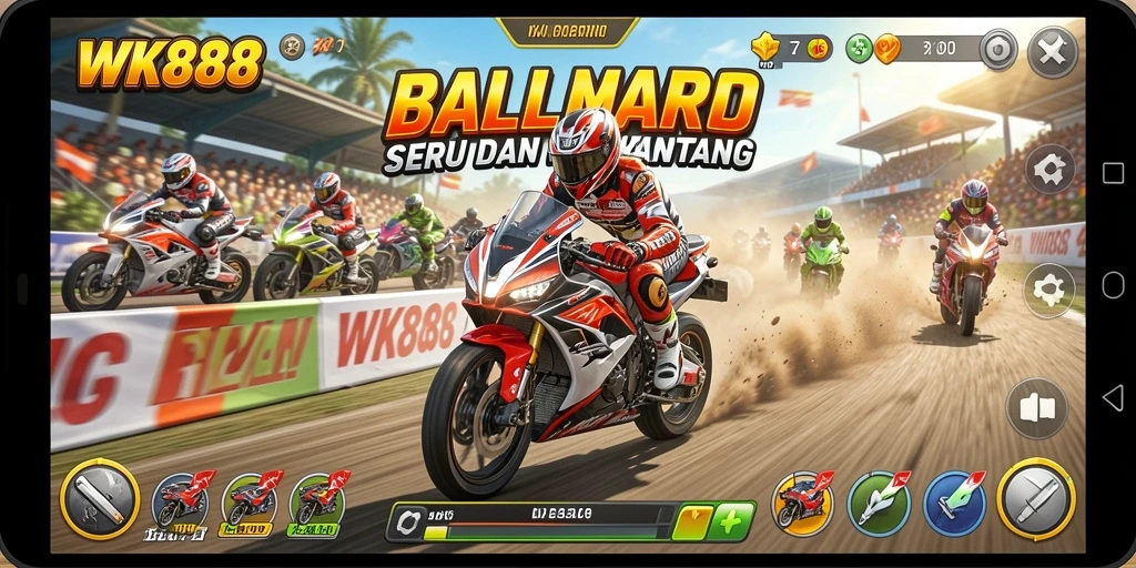 Screenshot dari permainan WK888 yang menunjukkan aksi balapan motor.